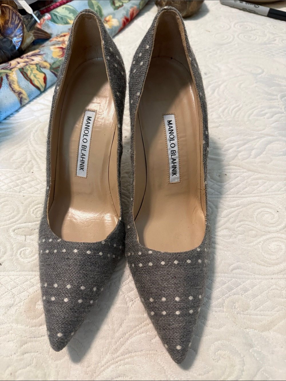 Manolo Blahnik Gray Wool Pointed Toe Pumps with White Dot Detail